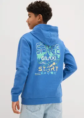 Blauer Kapuzenpullover mit buntem Weltraum-Aufdruck auf dem Rücken.