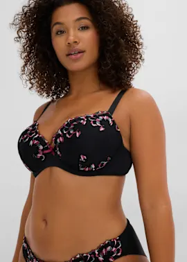 Schöner schwarzer BH und Slip mit floraler Stickerei in Rosa und Türkis.