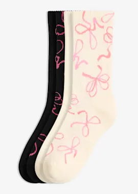 Cremefarbene und schwarze Socken mit verspielten rosa Schleifenmustern im Dreierpack.