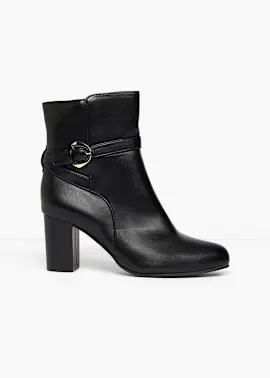 Elegante schwarze Stiefelette mit goldener Schnalle und bequemem Blockabsatz.
