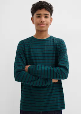 Gestreiftes grün-schwarzes Shirt mit langen Ärmeln.