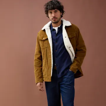 Braune Cordjacke mit Lammfellkragen über blauem Pullover.