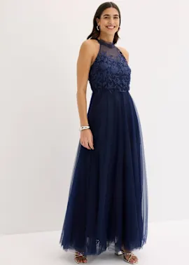 Elegantes dunkelblaues Abendkleid mit besticktem Oberteil und fließendem Tüllrock.