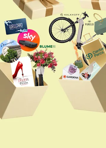 In der geöffneten Geschenkbox sind diverse Geschenke wie Fahrrad, Blumen, Gutscheine, versehen mit ihren Markenlogos. 