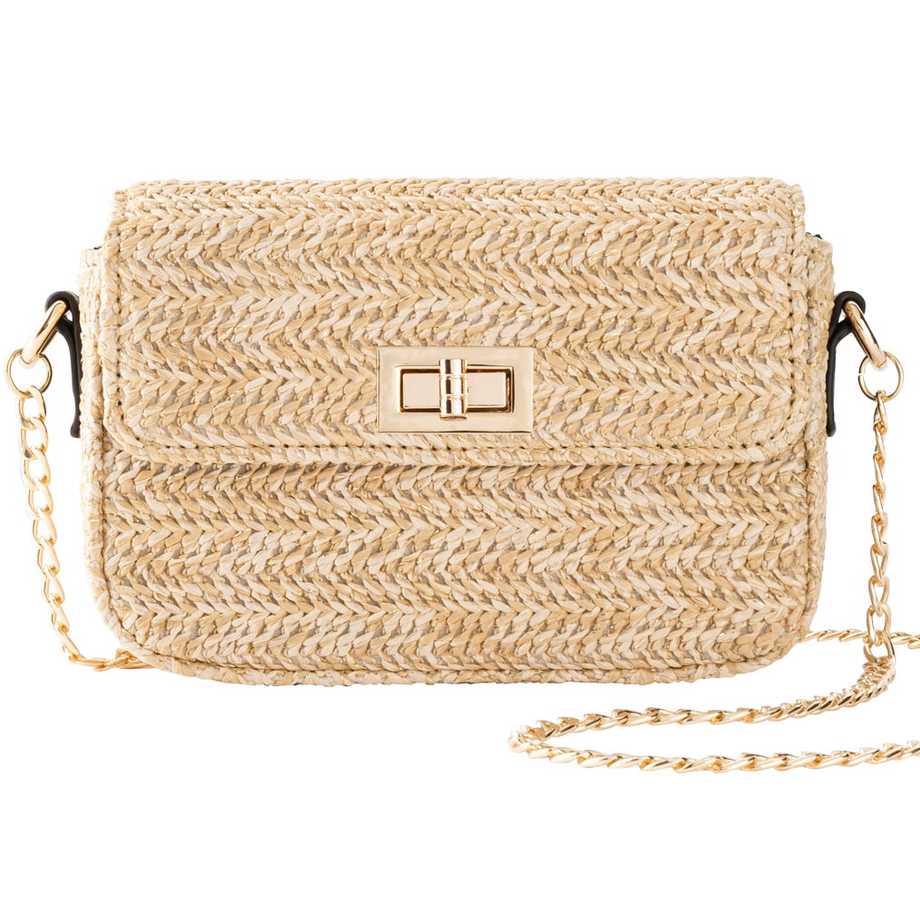 Sommerliche Stroh-Handtasche mit goldener Kette und elegantem Drehverschluss.