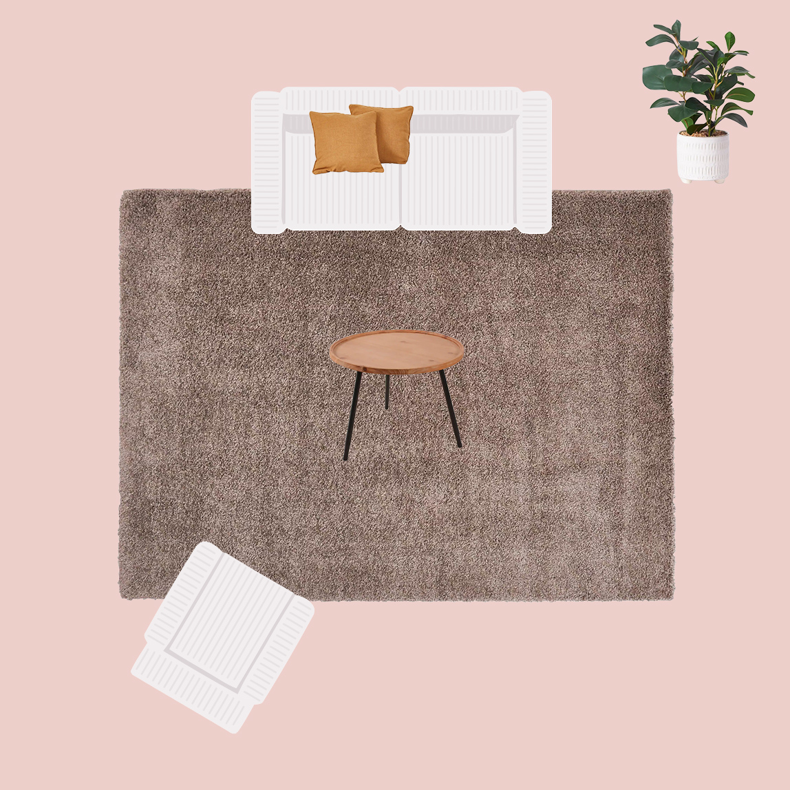 Wohnzimmer mit 2er Sofa und einem Sessel, Holztisch, nur mit den vorderem Bereich auf dem Teppich stehend.