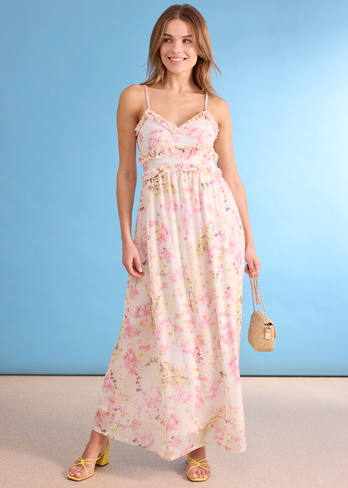 Sommerliches Maxikleid mit Blumenmuster in Pastelltönen, schmalen Trägern und Empire-Taille.