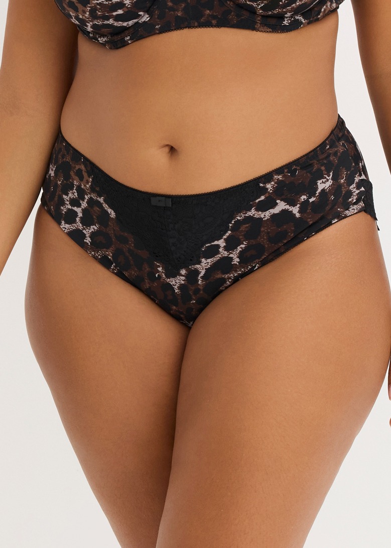 Dessous-Set mit Leopardenmuster und schwarzer Spitze. Ein passender Slip und BH sind zu sehen.