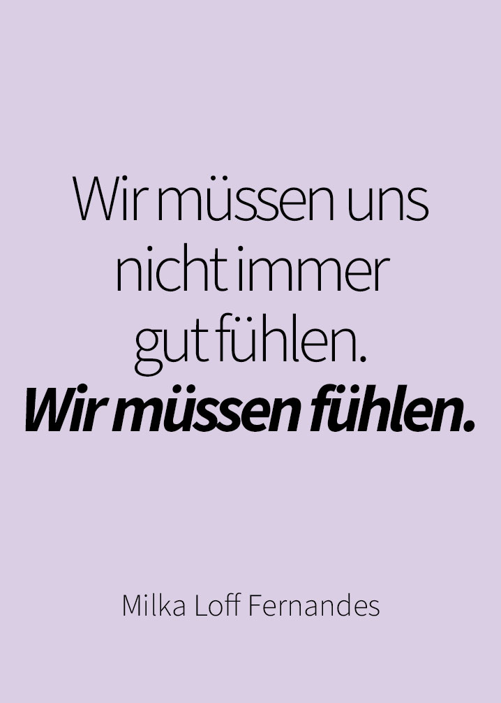 Lila Hintergrund, darauf ein Zitat von Milka Loff Fernandes.