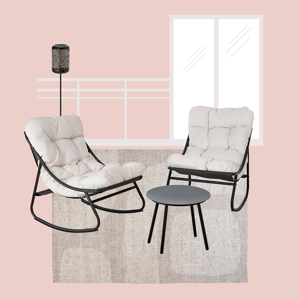 Kleiner Balkon mit rechteckigem Teppich.