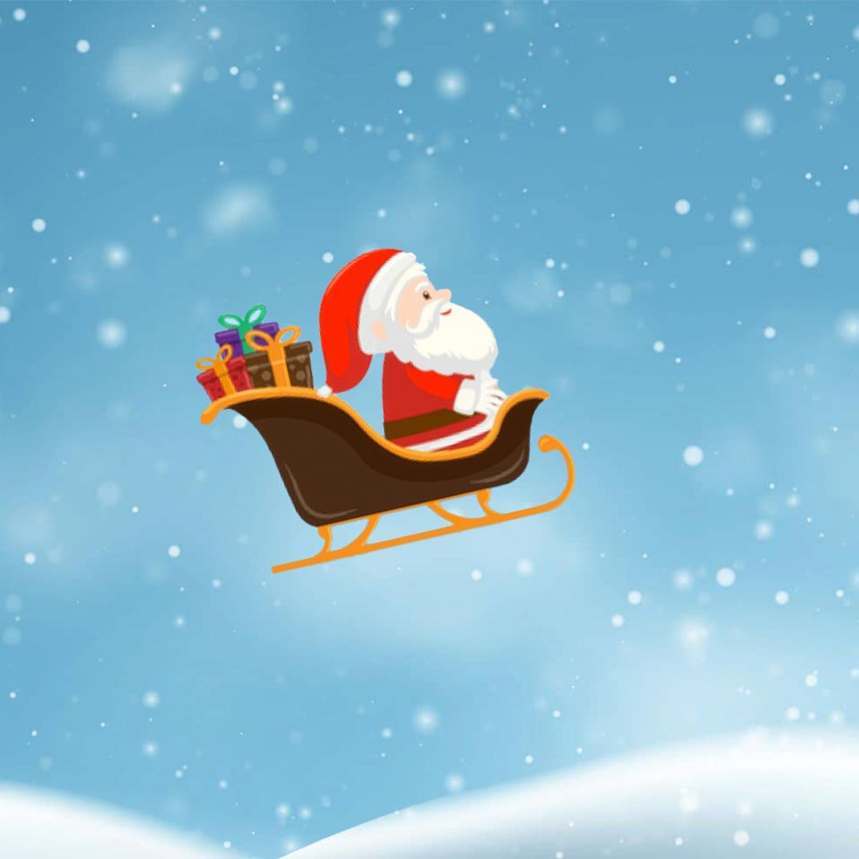 Der Weihnachtsmann fliegt auf einem Schlitten durch schneebedeckten Himmel.