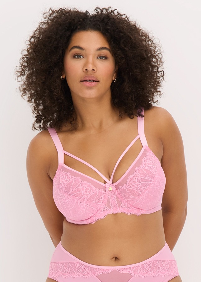 Ein rosa Spitzen-BH und Höschen mit dekorativen Trägern.