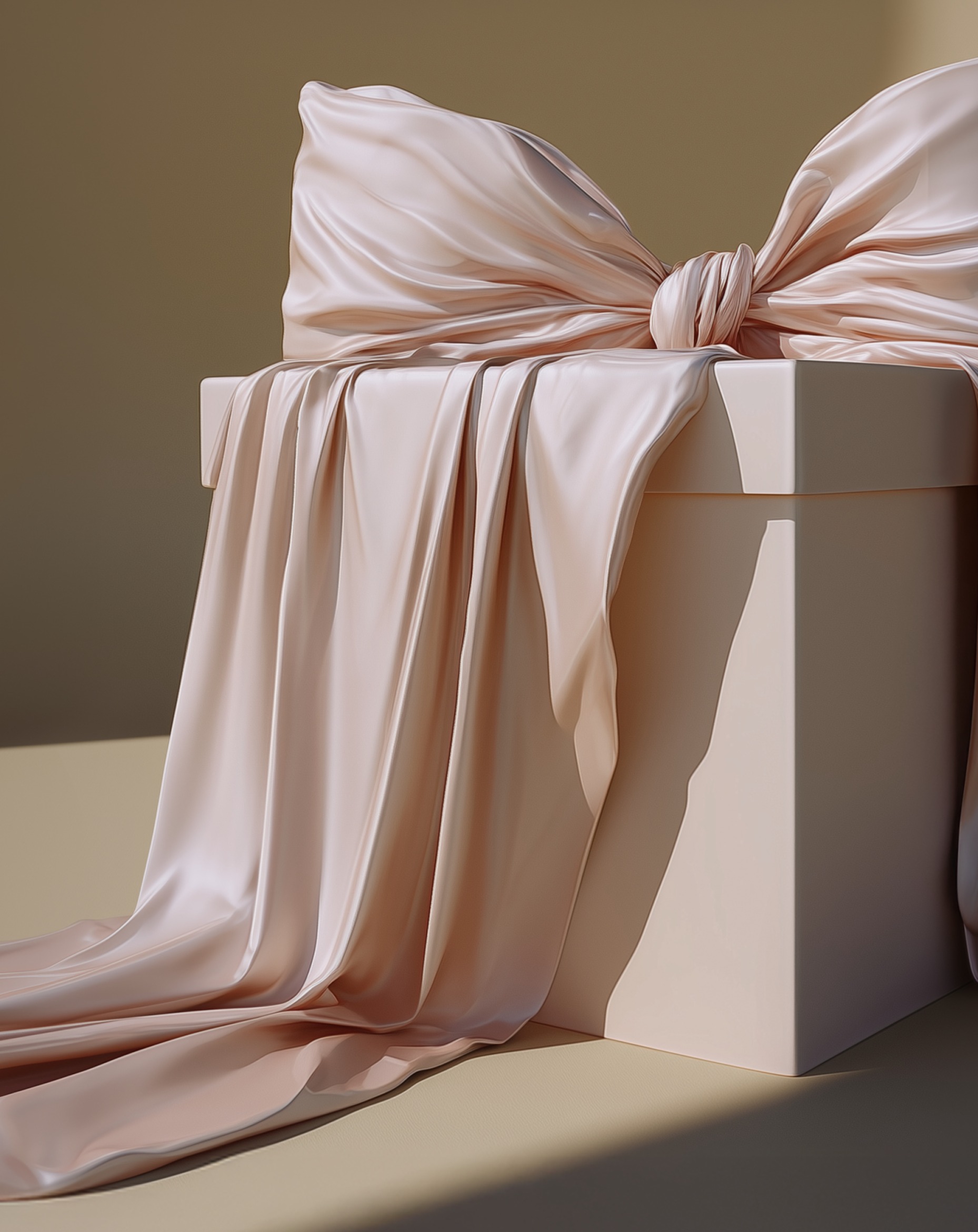 Zartes rosa Tuch umhüllt elegant eine weiße Box, kunstvoll zu einer Schleife gebunden.