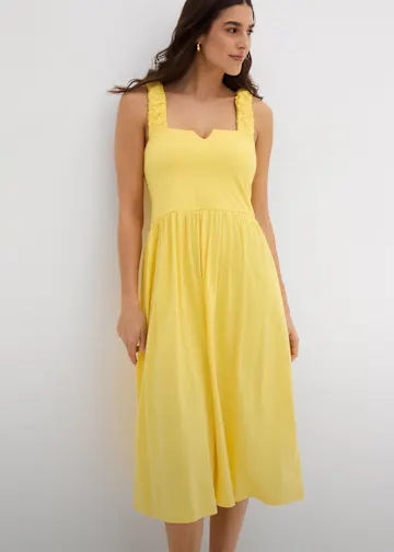 Auffälliges gelbes Midikleid mit raffinierten Trägern und bequemer Passform.