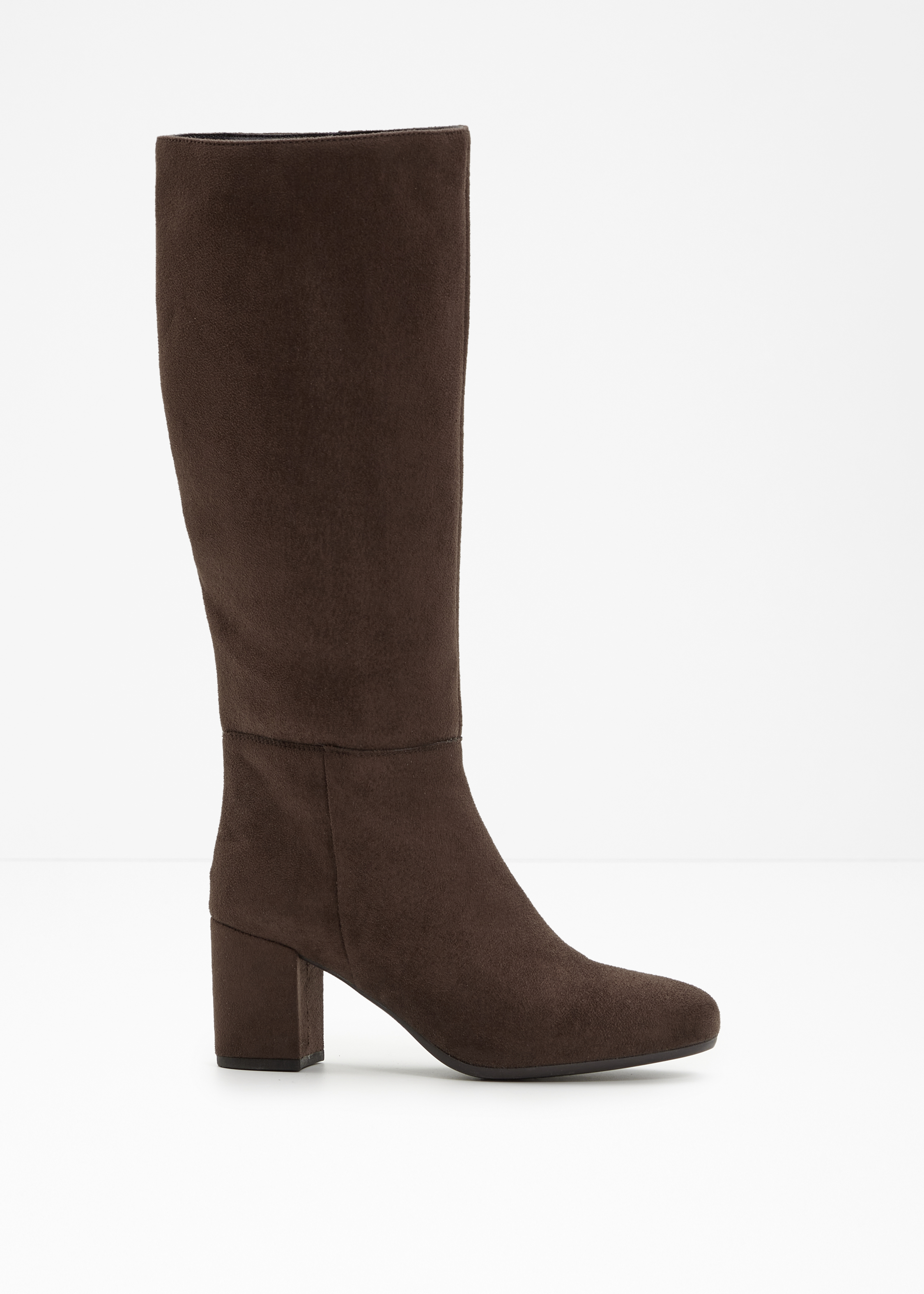 Eleganter, kniehoher, brauner Stiefel mit einem bequemen Blockabsatz.