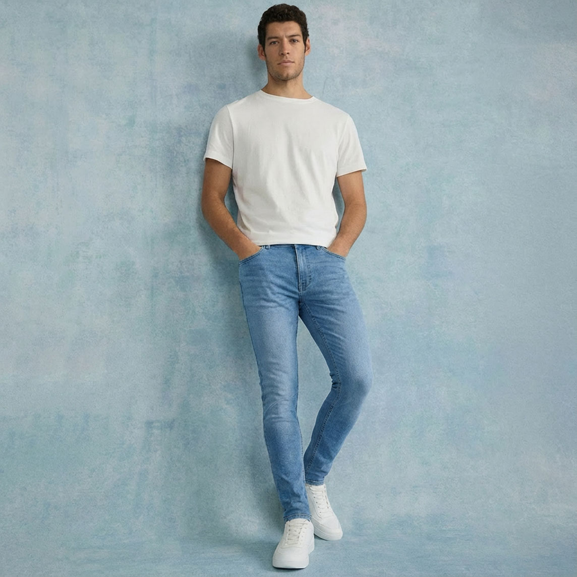 Weißes T-Shirt, blaue Slim Fit Jeans und weiße Sneakers.