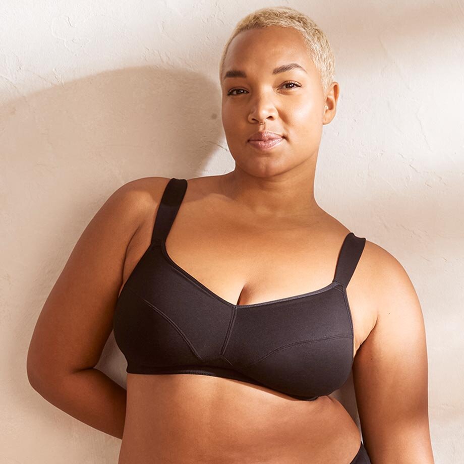Schwarzer BH mit breiten Trägern bietet Komfort und Unterstützung für größere Oberweiten.