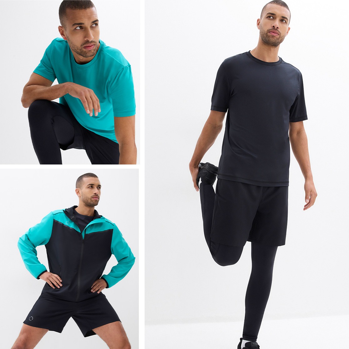 Türkise und schwarze T-Shirts, Shorts und Jacke mit Farbblockdesign.