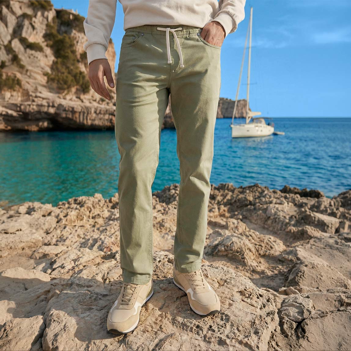 Helle Chinos und leichter Pullover - perfekte Kleidung für einen entspannten Tag am Meer.