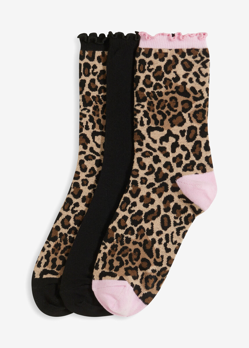 Dreierpack Socken: Leopardenmuster, schwarz und rosa Akzente, mit Rüschenbündchen.