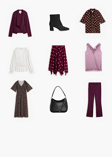 Vielfältige neue Kleidung in Schwarz, Bordeaux, Creme, Braun. Kleider, Hosen, Blusen, Stiefel, Tasche.