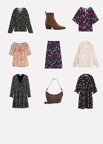 Vielfältige neue Kleidung in Schwarz, Bordeaux, Creme, Braun. Kleider, Hosen, Blusen, Stiefel, Tasche.