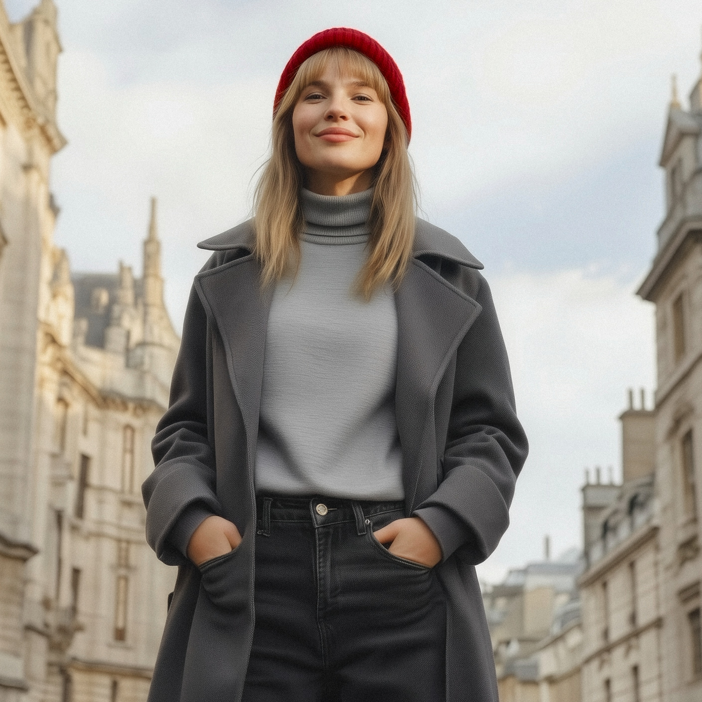 Rote Mütze, grauer Rollkragenpullover und dunkler Mantel.