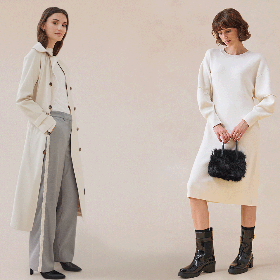 Elegante cremefarbene Strickkleidung: Rollkragenpullover und weite Hose. 