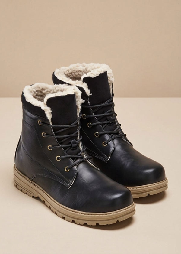 Warme, schwarze Stiefel mit beiger Sohle und kuscheliger Fellfütterung für kalte Tage.