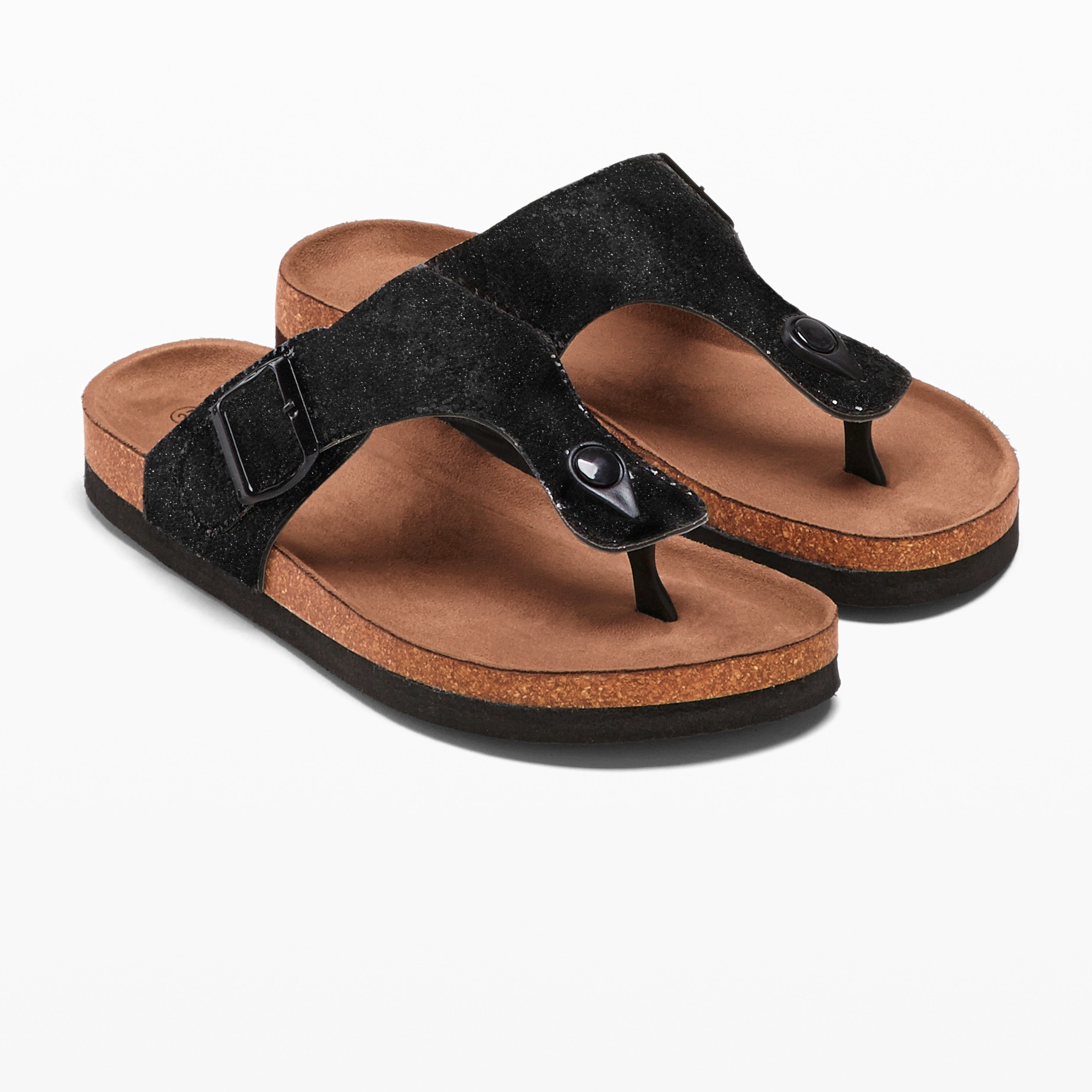 Schwarze Glitzer-Sandalen mit Zehensteg und Riemen.