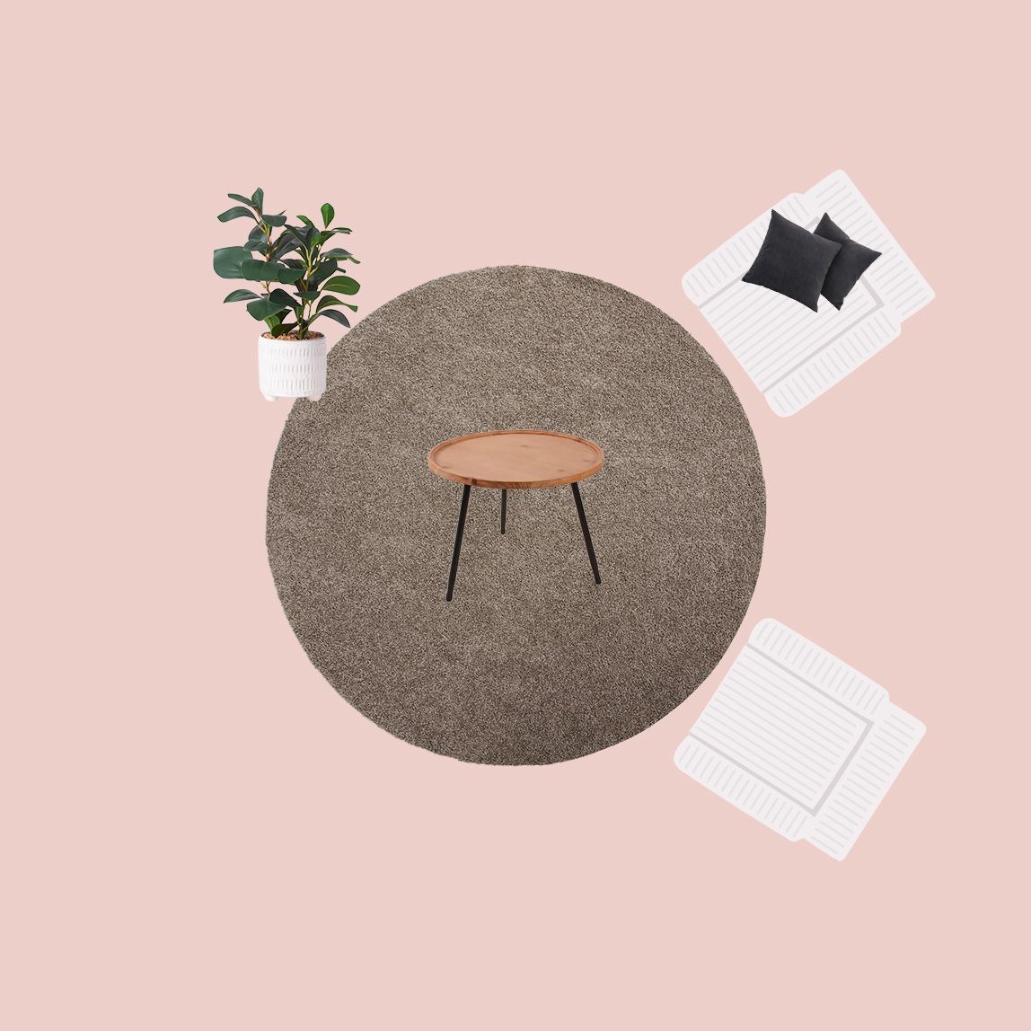 Runder Teppich mit zwei Sesseln und einem Couchtisch.