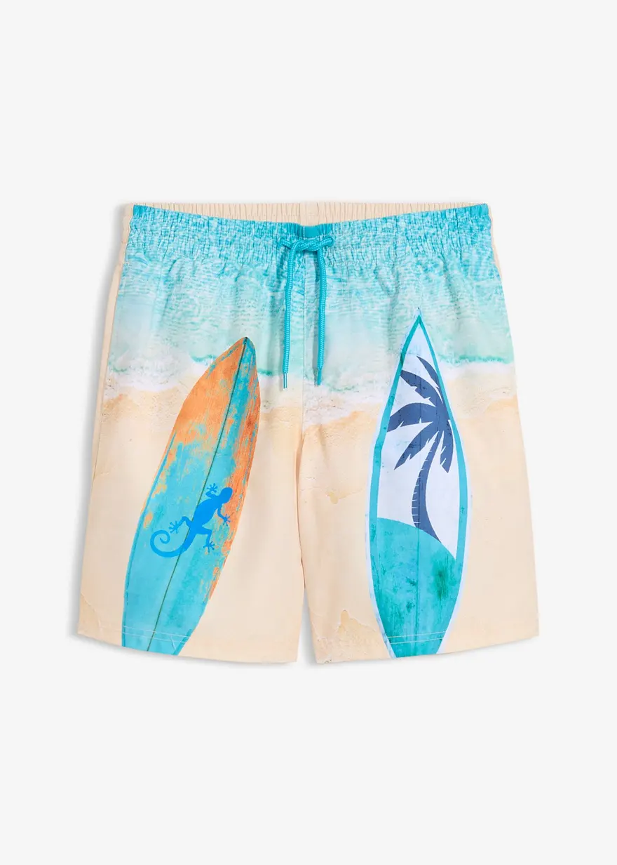 Badeshorts mit Strandmotiv und Surfbrettern.