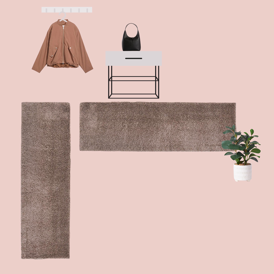 Dielenbereich mit schlichtem Regal und zwei Läufern.