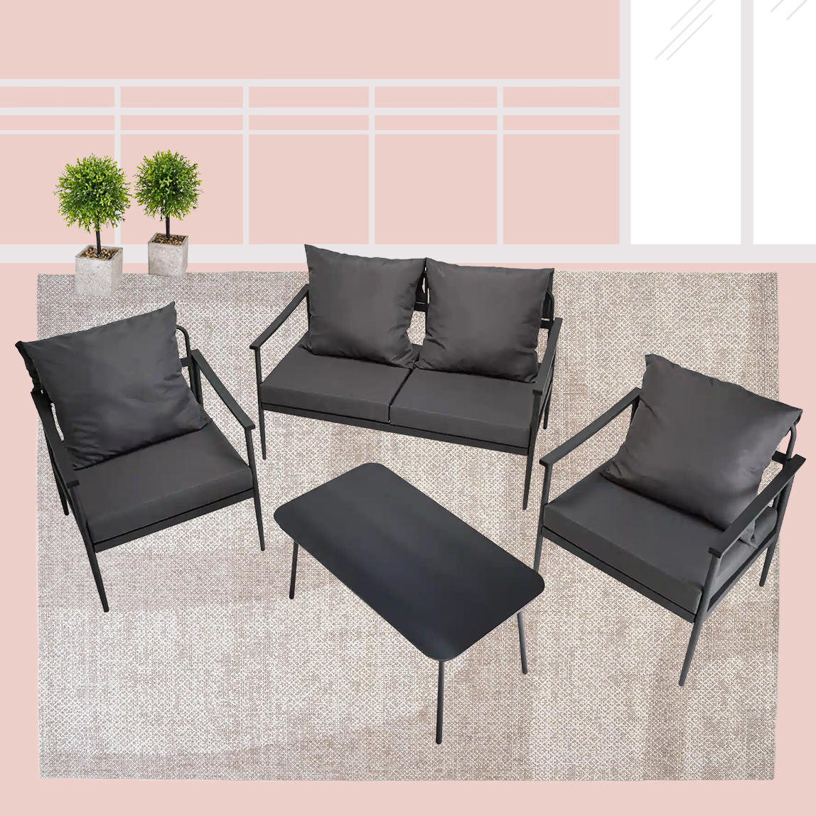 terrasse mit großzügiger Lounge-Landschaft auf einem großem Outdoor-Teppich.