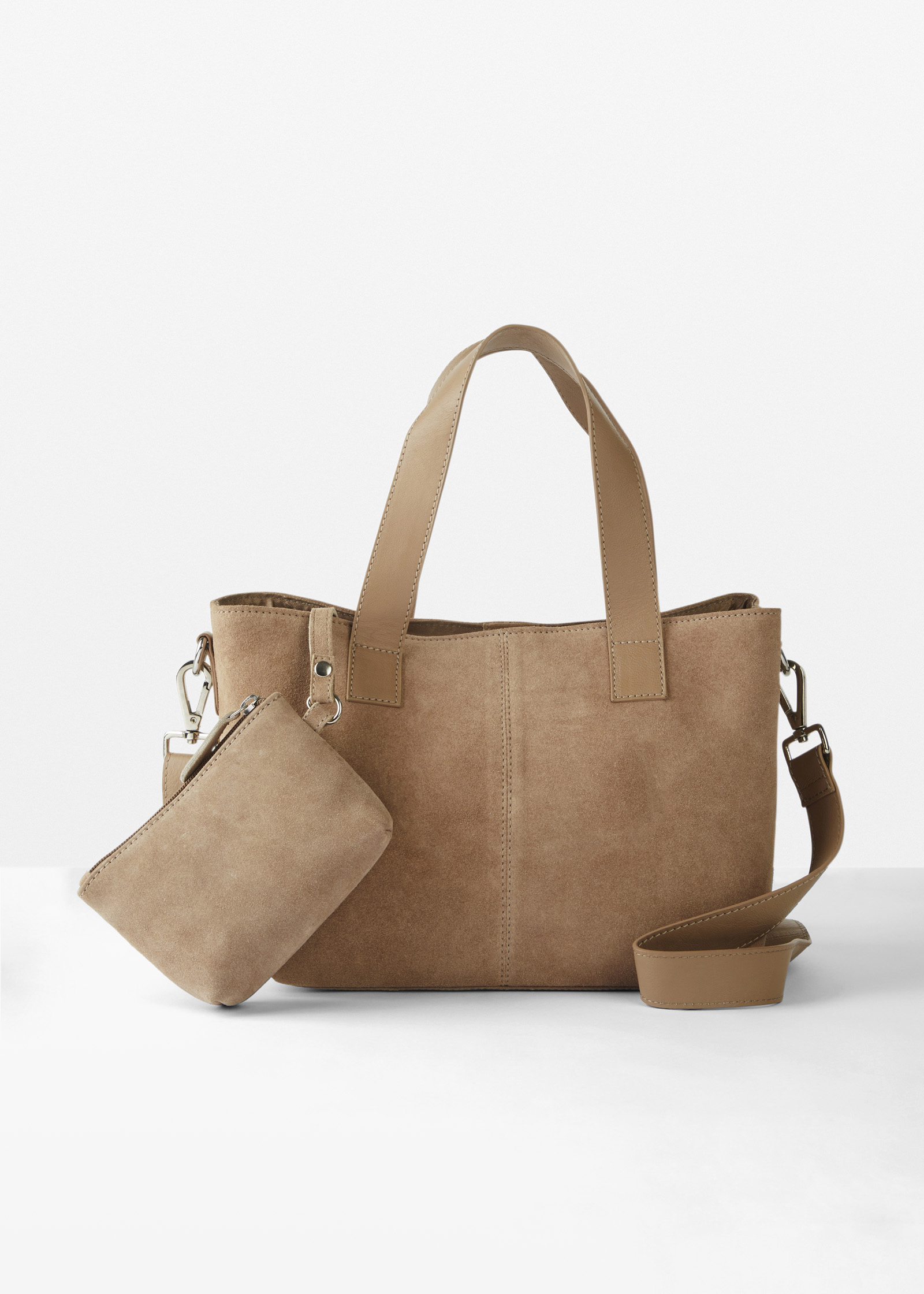 Stilvolle beige Handtasche aus Wildlederoptik mit passendem kleinem Etui.
