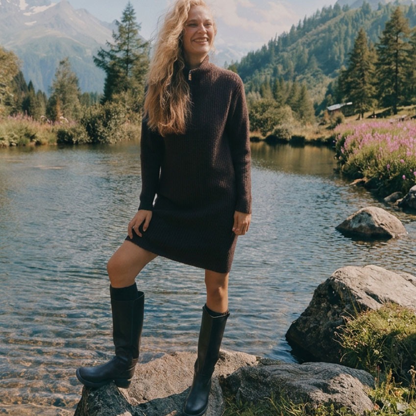 Sie trägt ein dunkles Strickkleid mit Reißverschluss und hohe, dunkle Stiefel.