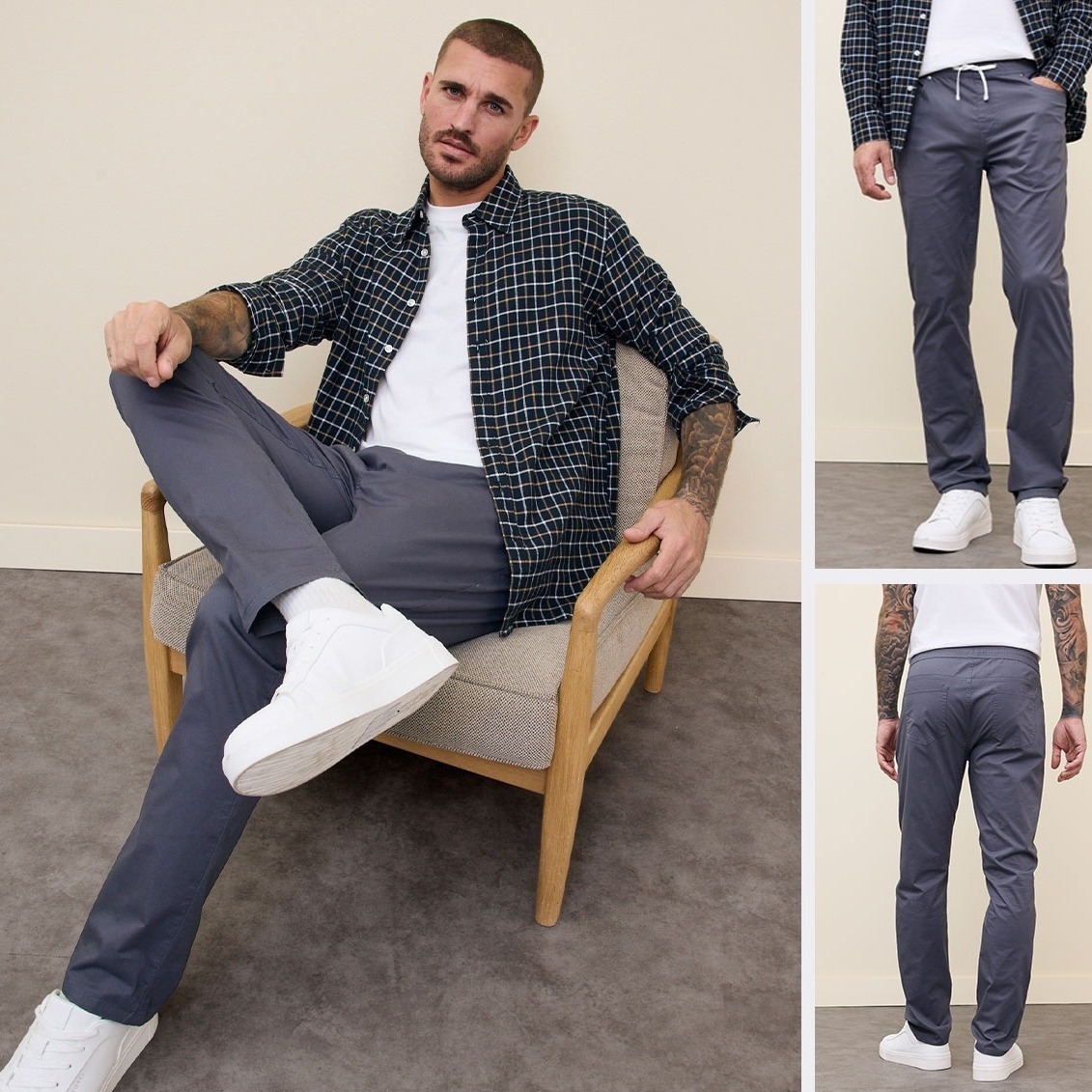 Kariertes Hemd, weißes T-Shirt und graue Komfortbundhose.