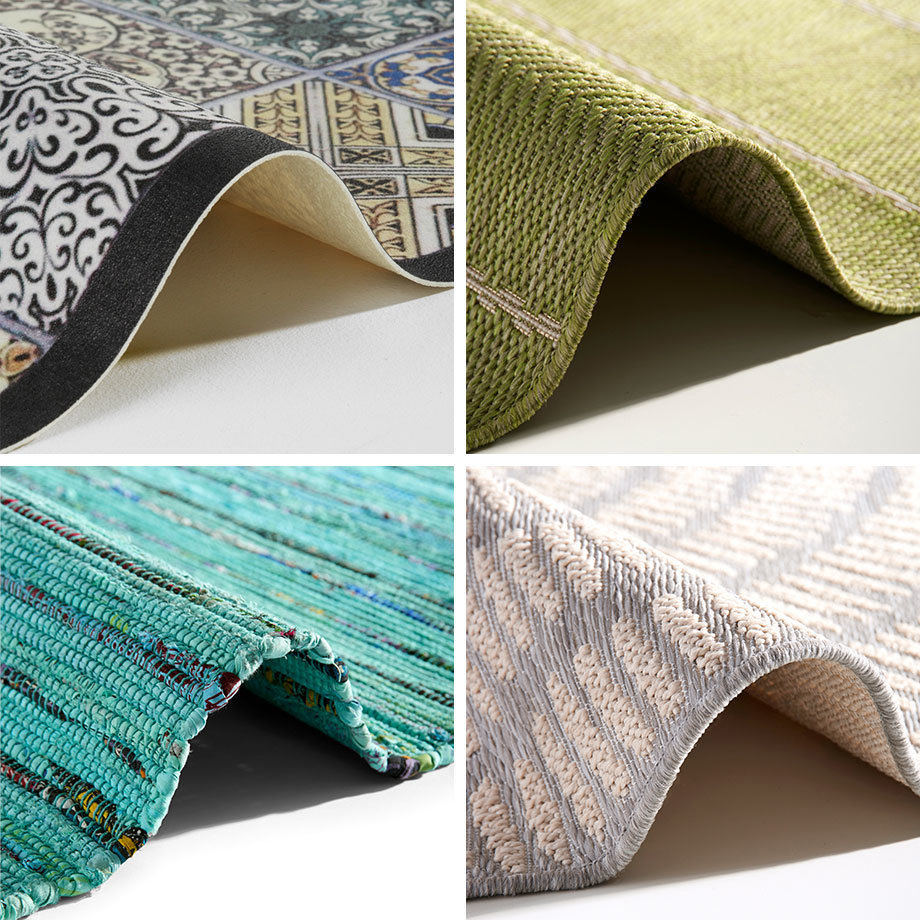 Vielfältige Teppiche in verschiedenen Farben und Mustern: Schwarz-Weiß, Grün, Türkis und Beige.