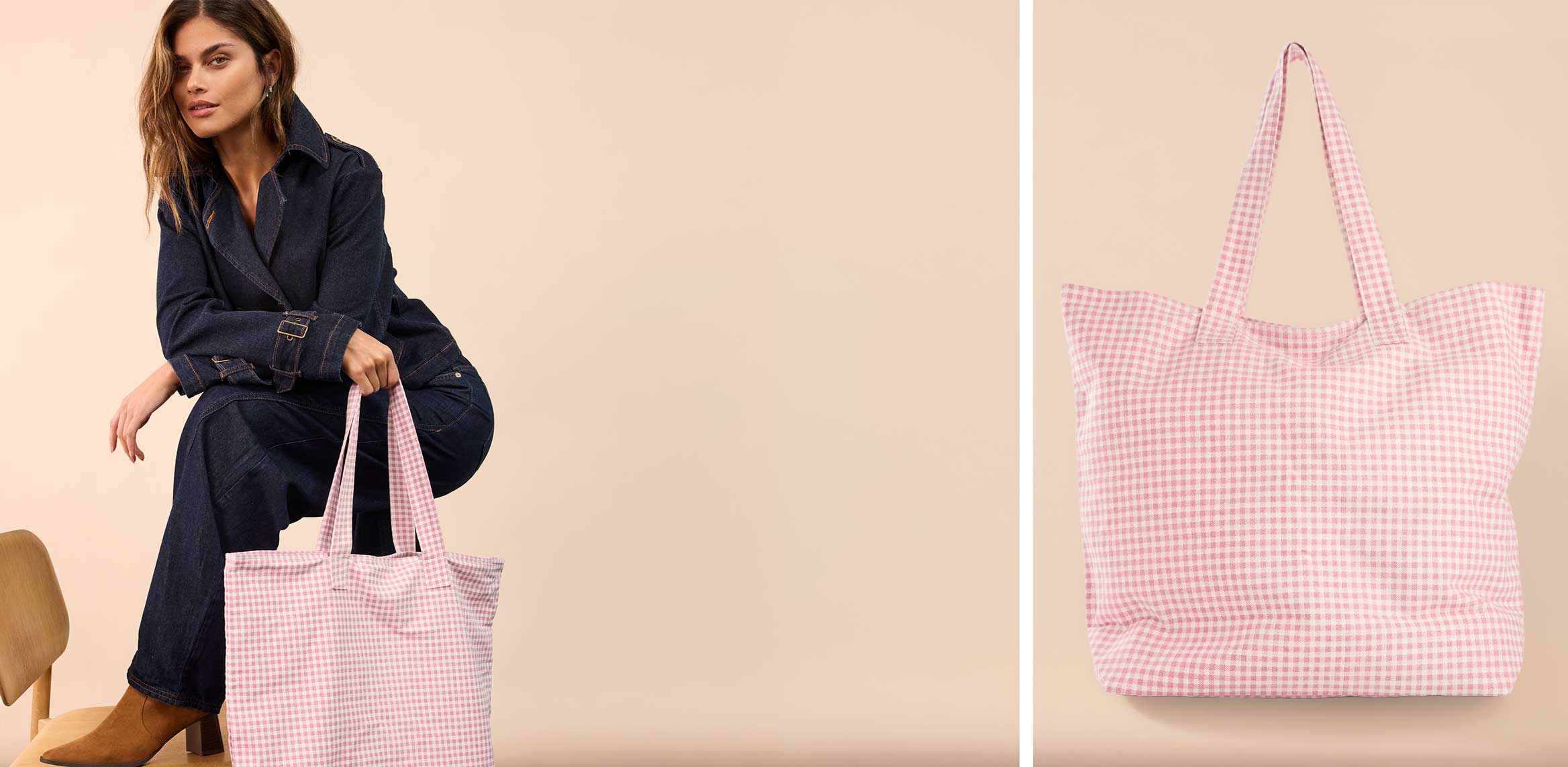 Jeans Jumpsuit kombiniert mit rosa karierten Tasche.