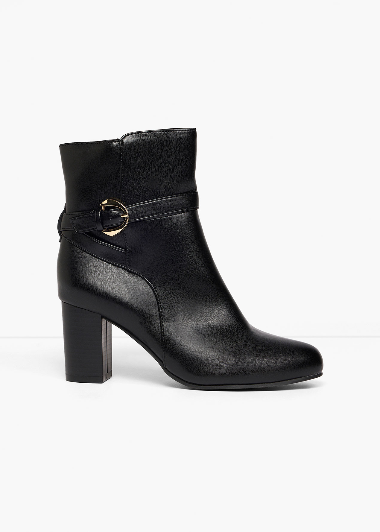 Elegante schwarze Stiefelette mit goldener Schnalle und bequemem Blockabsatz.