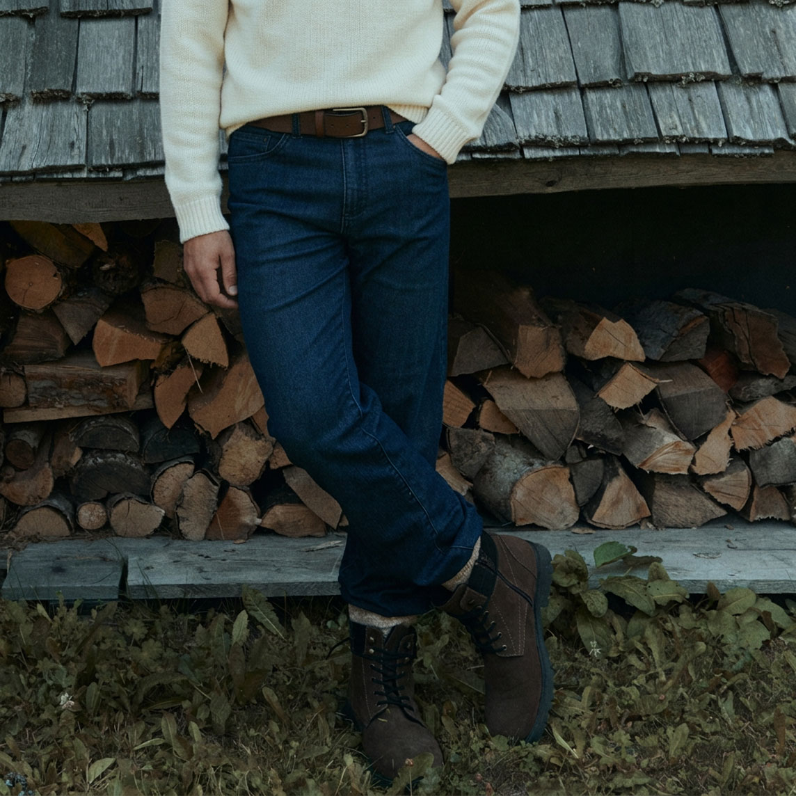 Cremefarbener Strickpullover, Jeans, brauner Gürtel und robuste Winterstiefel.