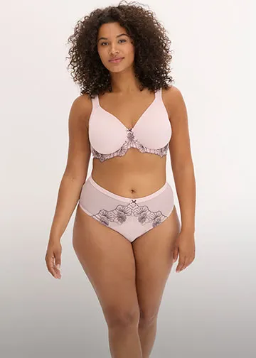 Hellrosa Dessous mit feiner schwarzer Blumenstickerei auf BH und Slip.