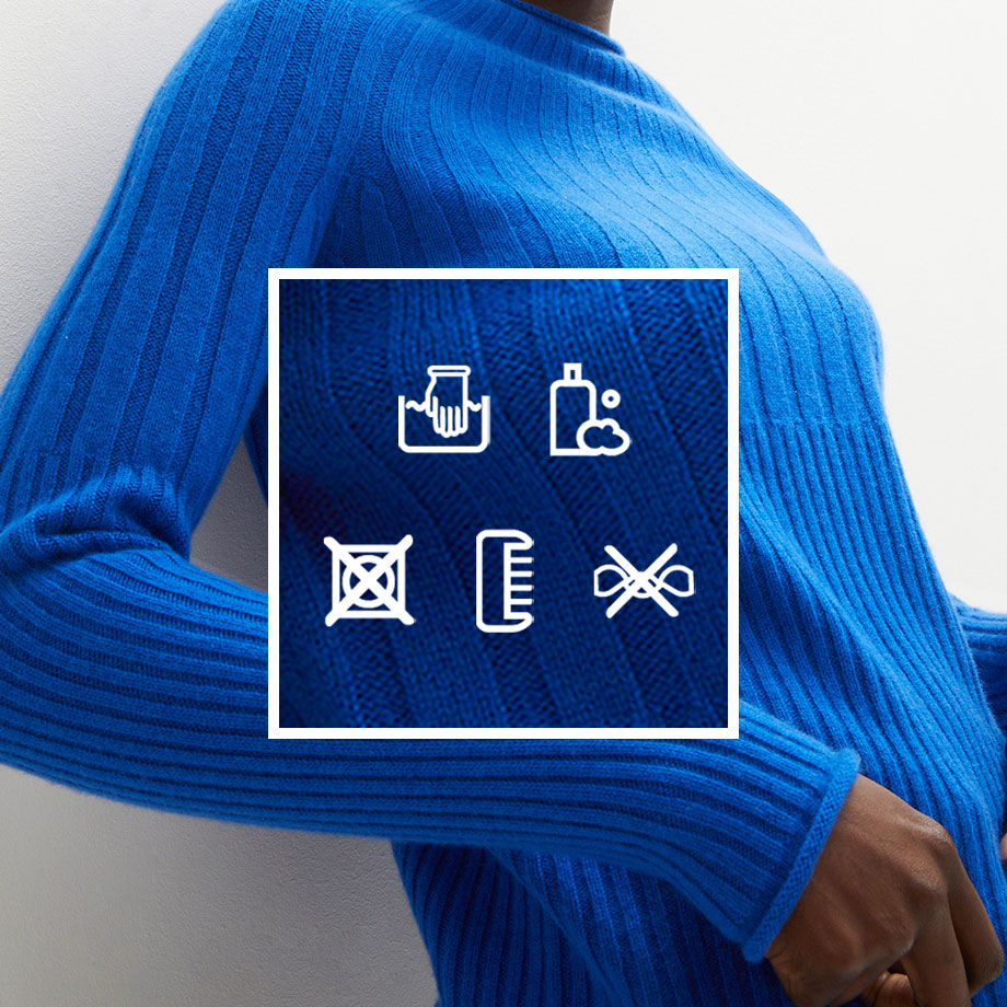 Ein leuchtend blauer Pullover mit geripptem Strickmuster. Daneben Symbole für Kamera, Haustiere und Haarpflege.