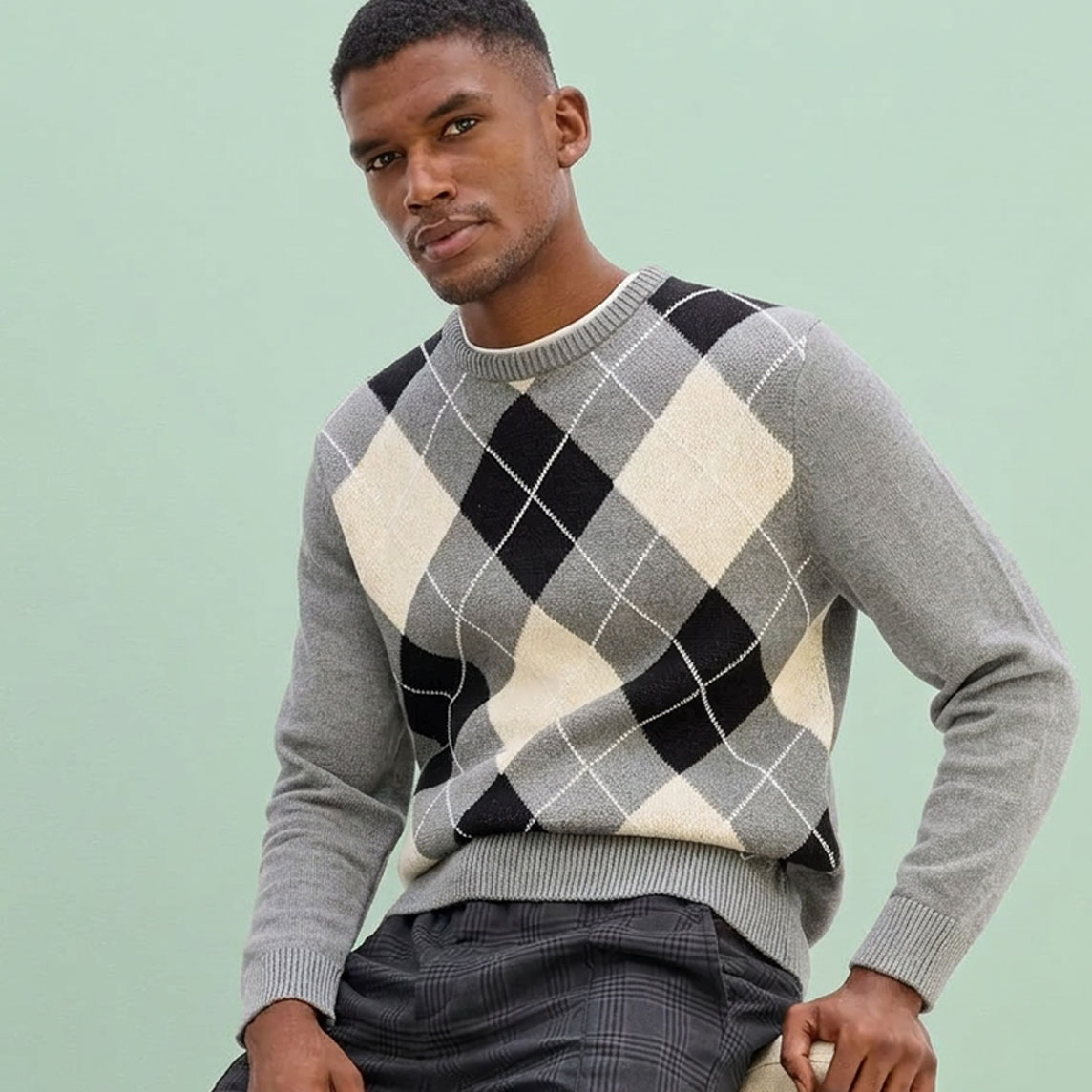 Eleganter Argyle-Pullover in Grau, Schwarz und Beige, dazu eine karierte Hose.