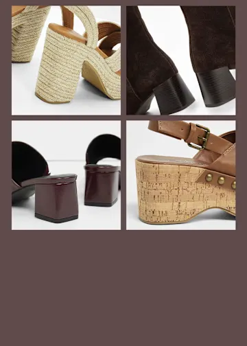 Vielfältige Schuh-Styles: Espadrilles, Stiefeletten, elegante Absätze und Kork-Plateau-Sandalen.