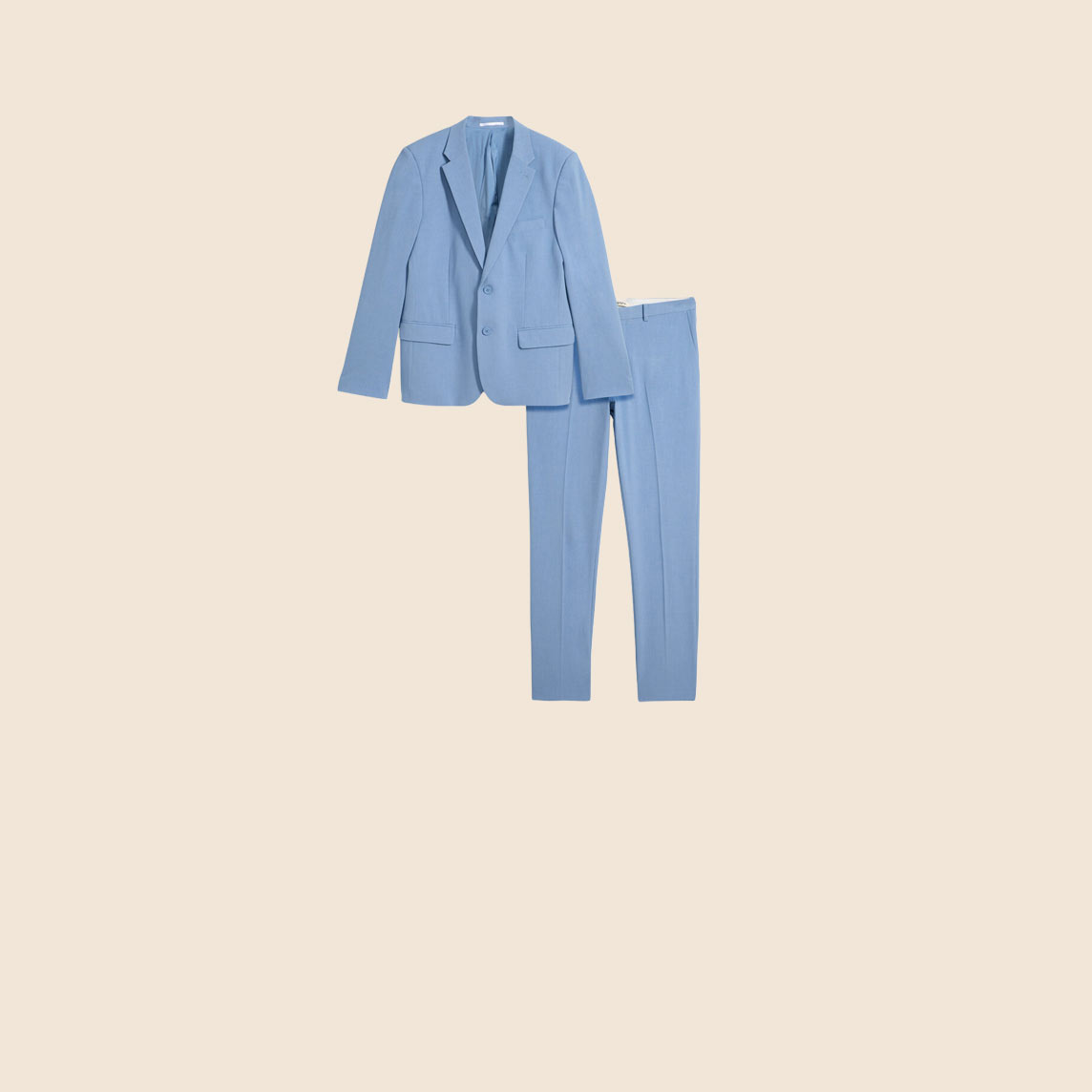 Heller blauer Anzug, bestehend aus Sakko und passender Hose. Ein elegantes Ensemble.