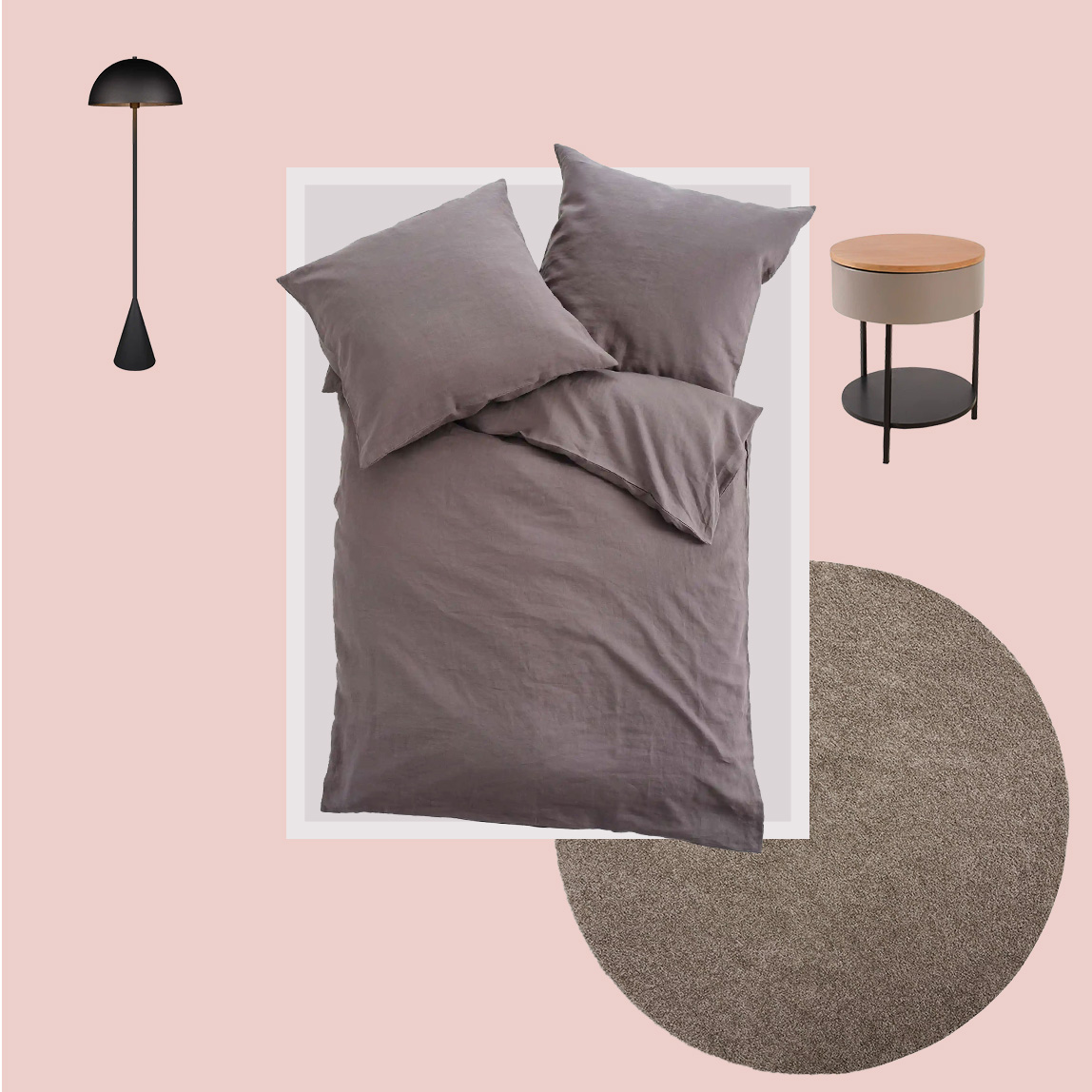 Bett ist mit dem rechten Vorderseite auf einen runden Teppich platziert.