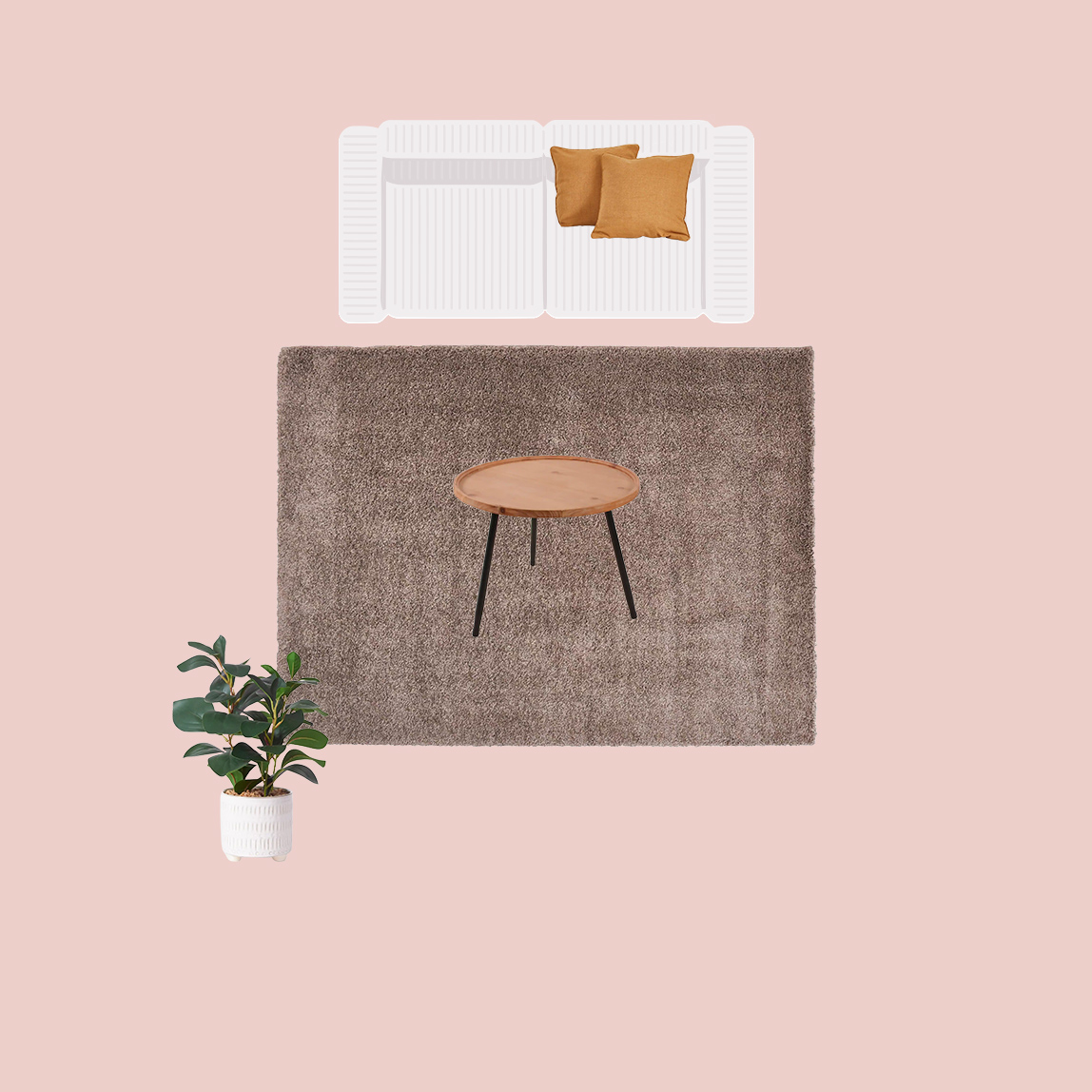 Ein brauner Teppich schmückt den Boden. Daneben ist ein Sofa mit zwei Sitzgelegenheiten zu sehen.