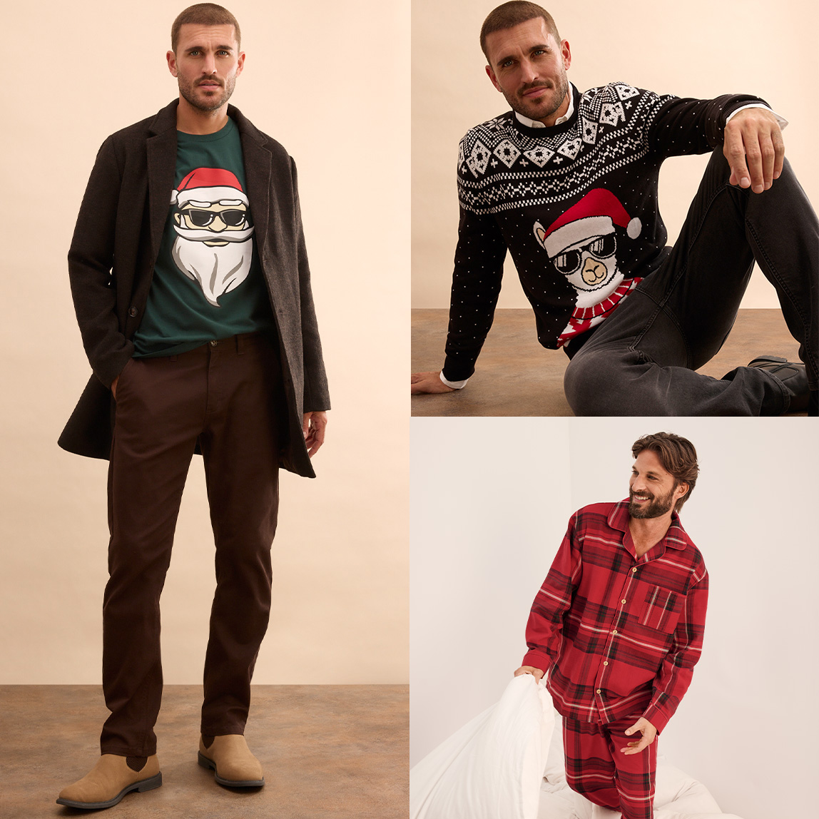 Festliche Weihnachtspullover treffen auf elegante Wintermäntel und lässige Hosen.