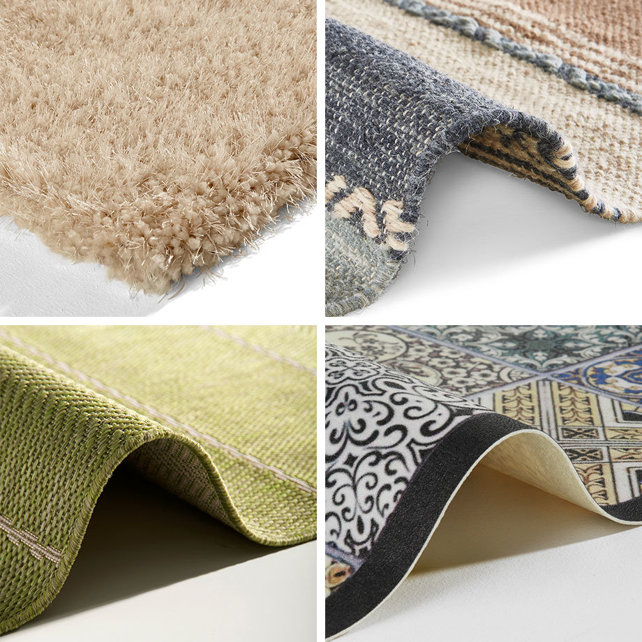 Textur und Farbe in Harmonie: Weiche Teppiche in Beige, Grau und Grün mit verschiedenen Mustern.